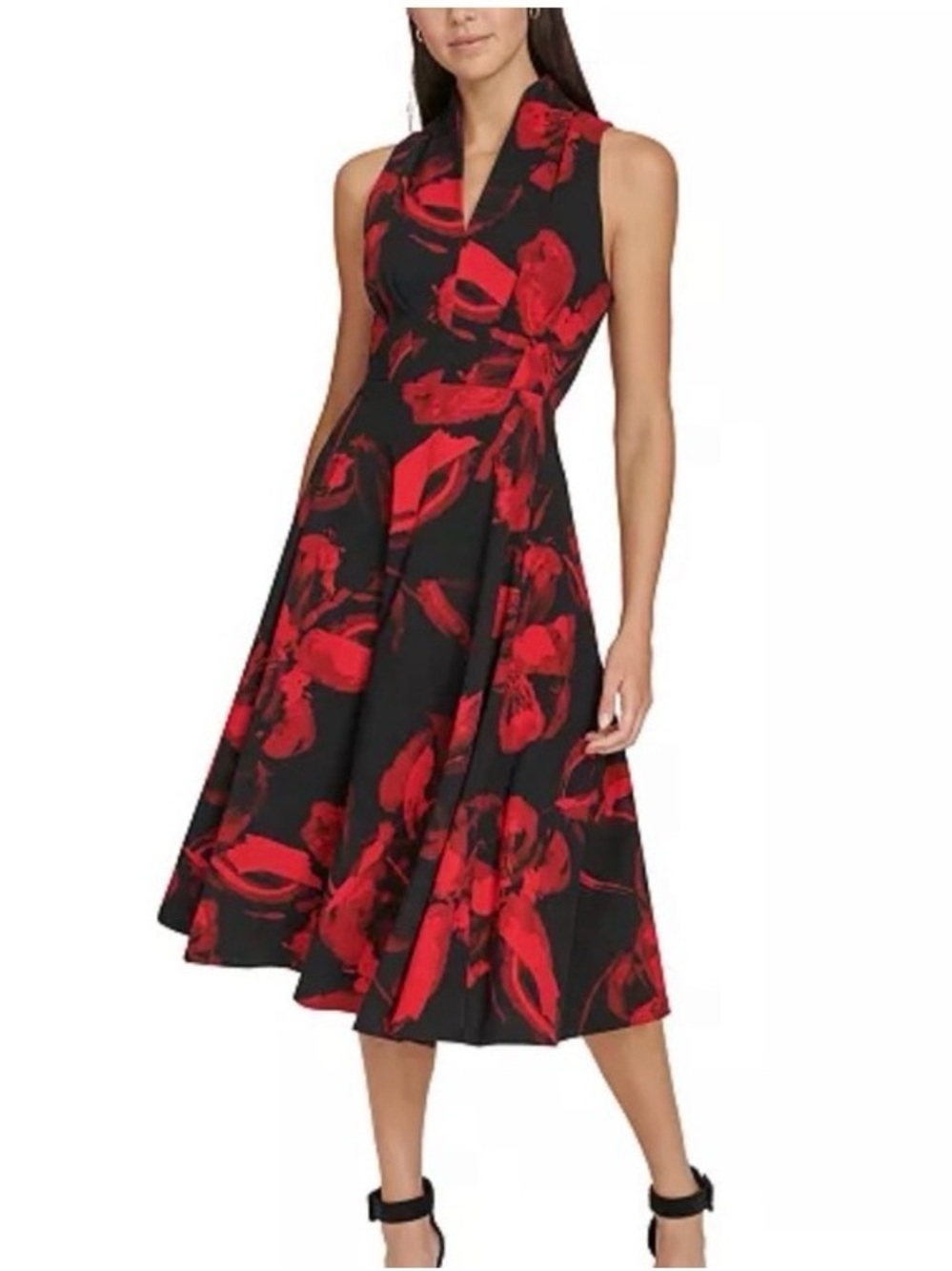 Calvin Klein Black Sleeveless Cocktail Dress with Red Floral Print